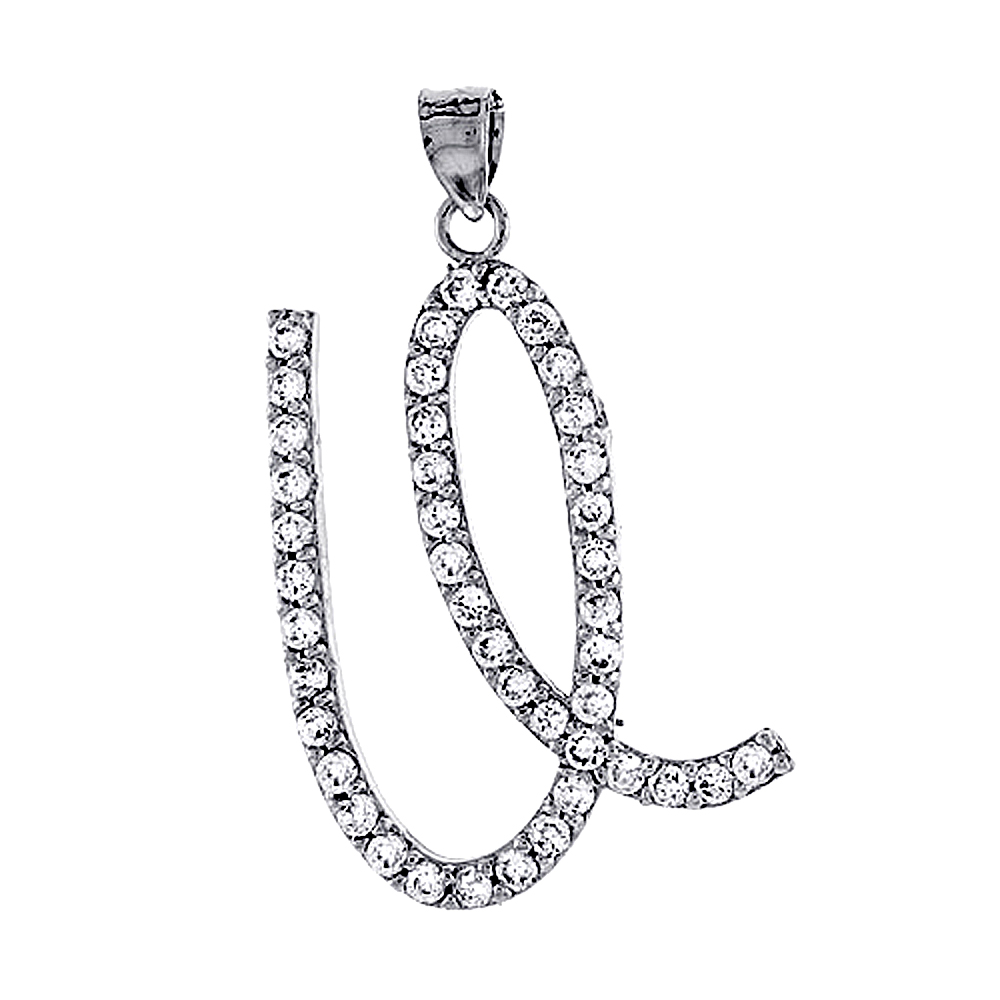 STERLING SILVER SCRIPT INITIAL LETTER U ALPHABET PENDANT WITH CUBIC ZIRCONIA STONES 1 3/8 INCH HIGH