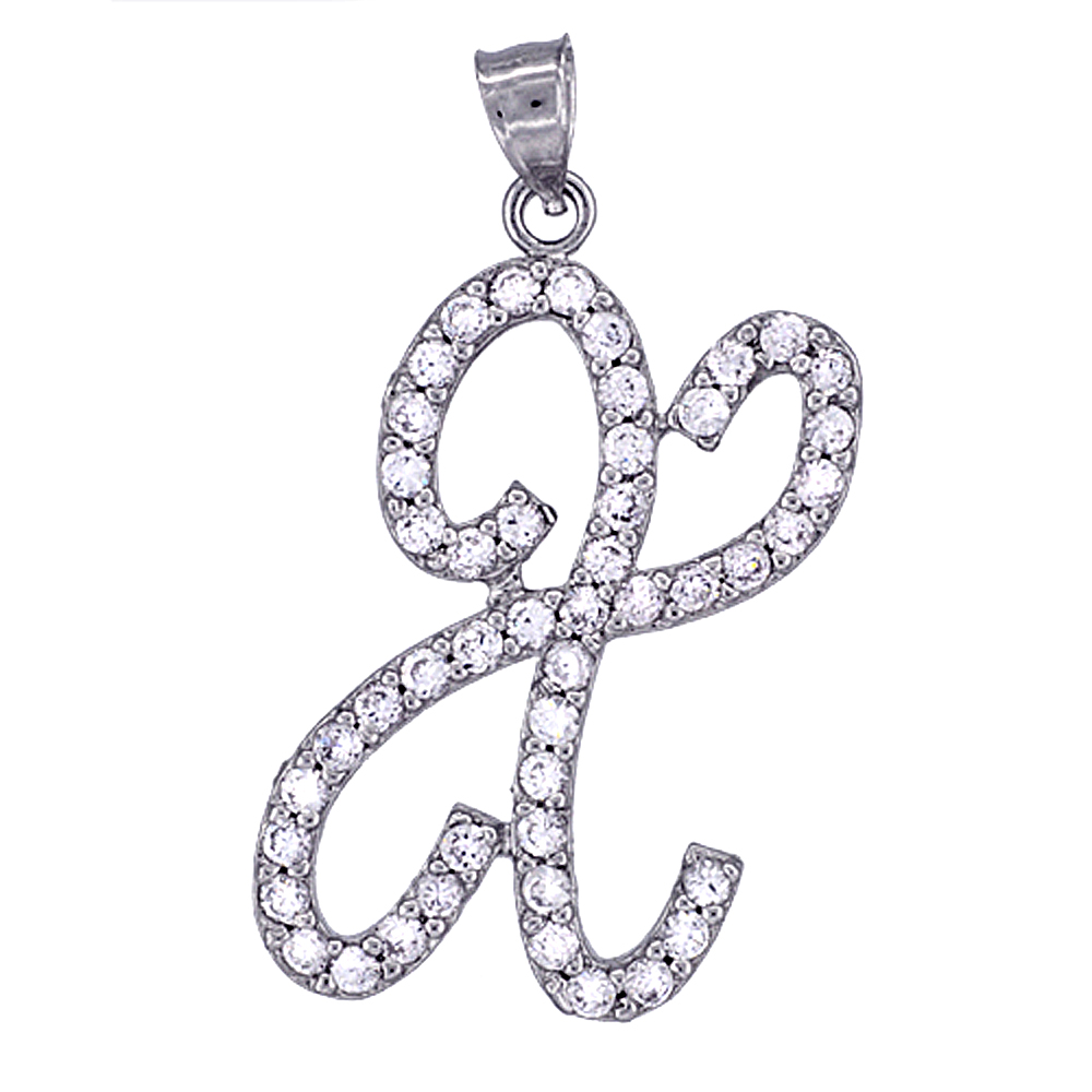 STERLING SILVER SCRIPT INITIAL LETTER X ALPHABET PENDANT WITH CUBIC ZIRCONIA STONES 1 3/8 INCH HIGH