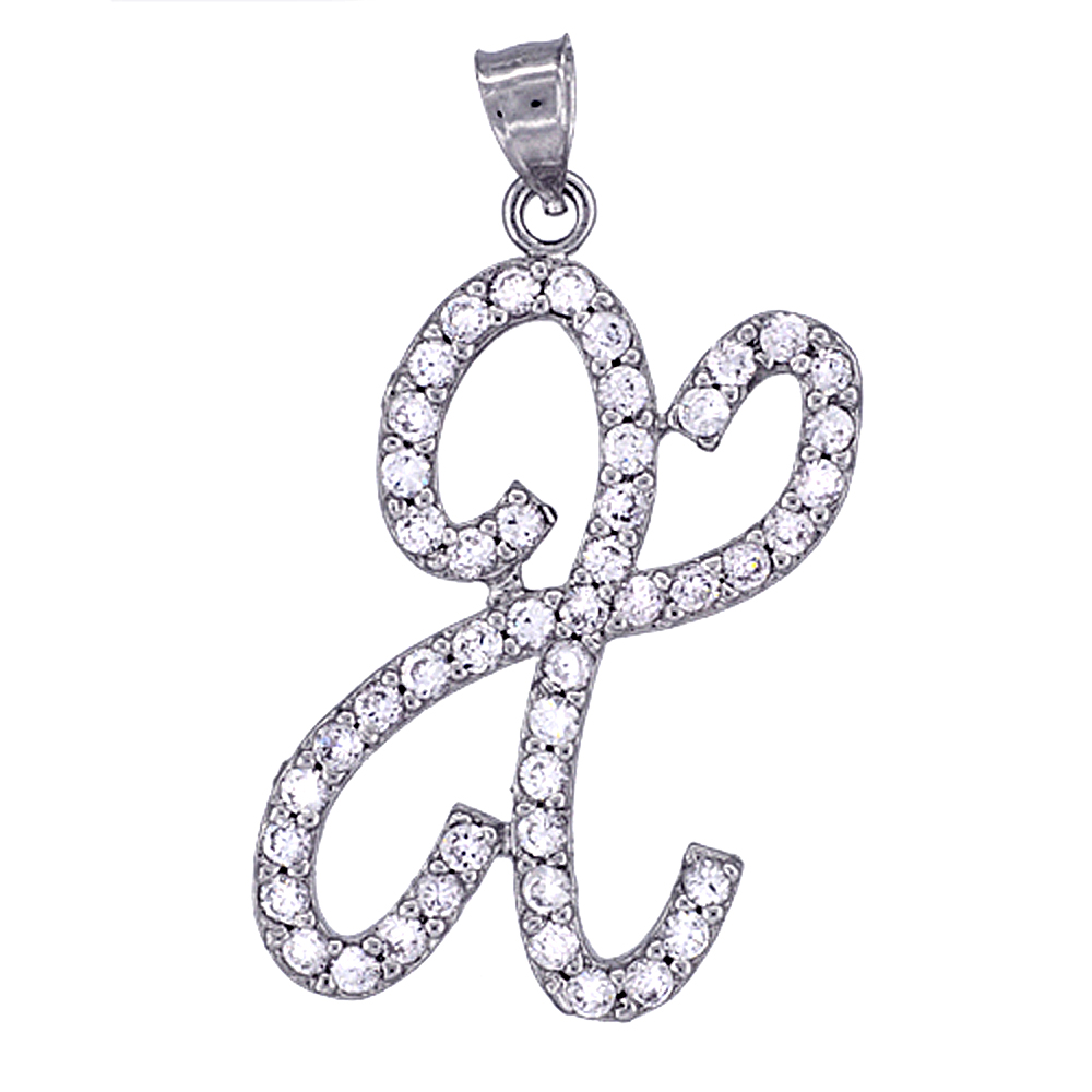 Sterling Silver Script Initial Letter X Alphabet Pendant with Cubic Zirconia Stones, 1 3/8 inch high