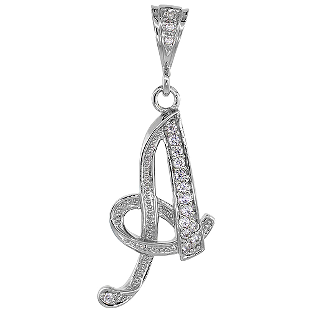 STERLING SILVER LARGE SCRIPT INITIAL LETTER A PENDANT W/ CUBIC ZIRCONIA STONES 1 1/2 INCH HIGH