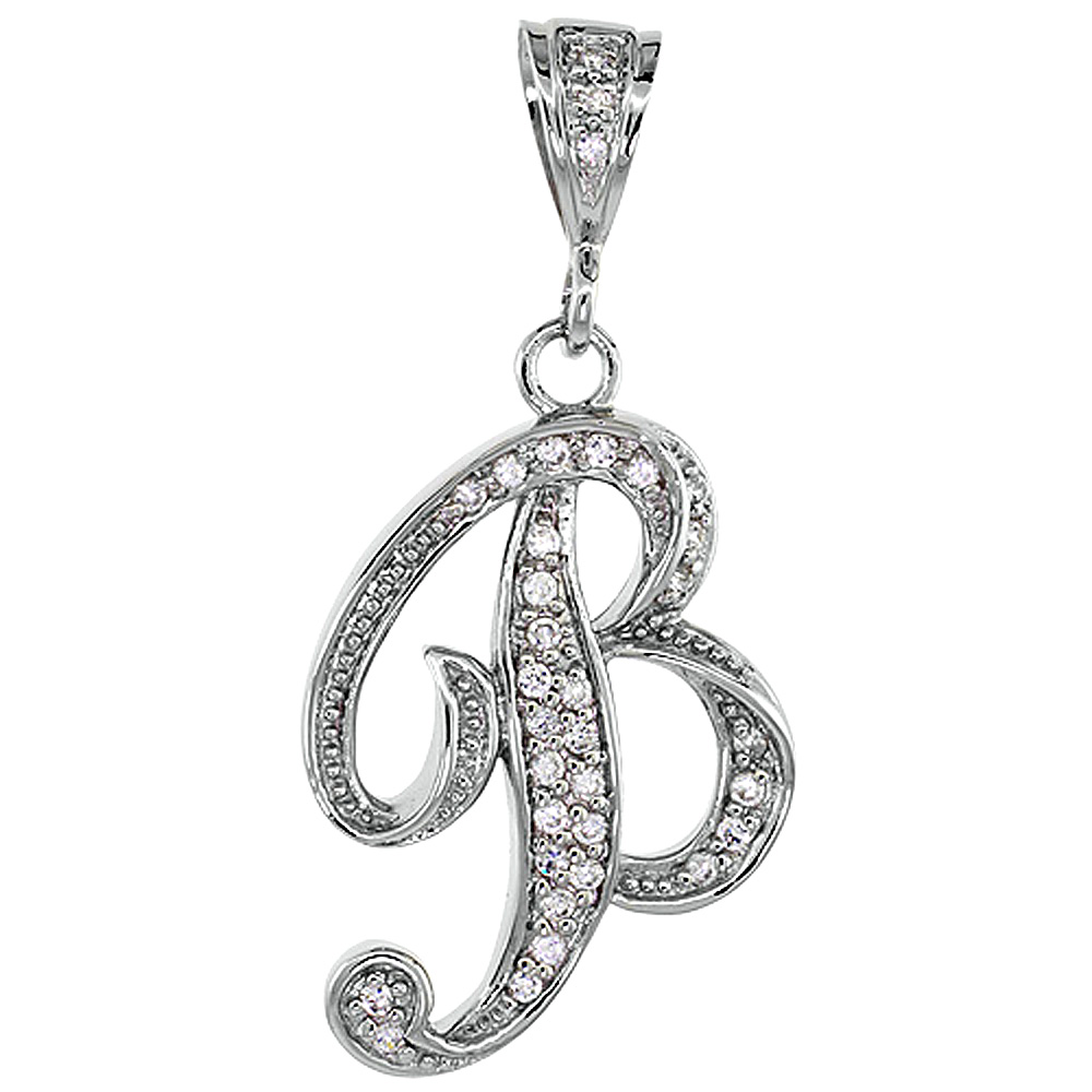 Sterling Silver Large Script Initial Letter B Pendant w/ Cubic Zirconia Stones 1 1/2 inch high