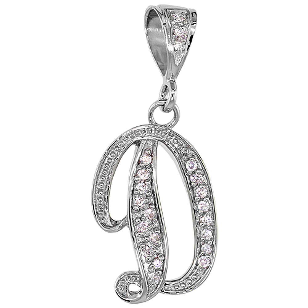 Sterling Silver Large Script Initial Letter D Pendant w/ Cubic Zirconia Stones 1 1/2 inch high