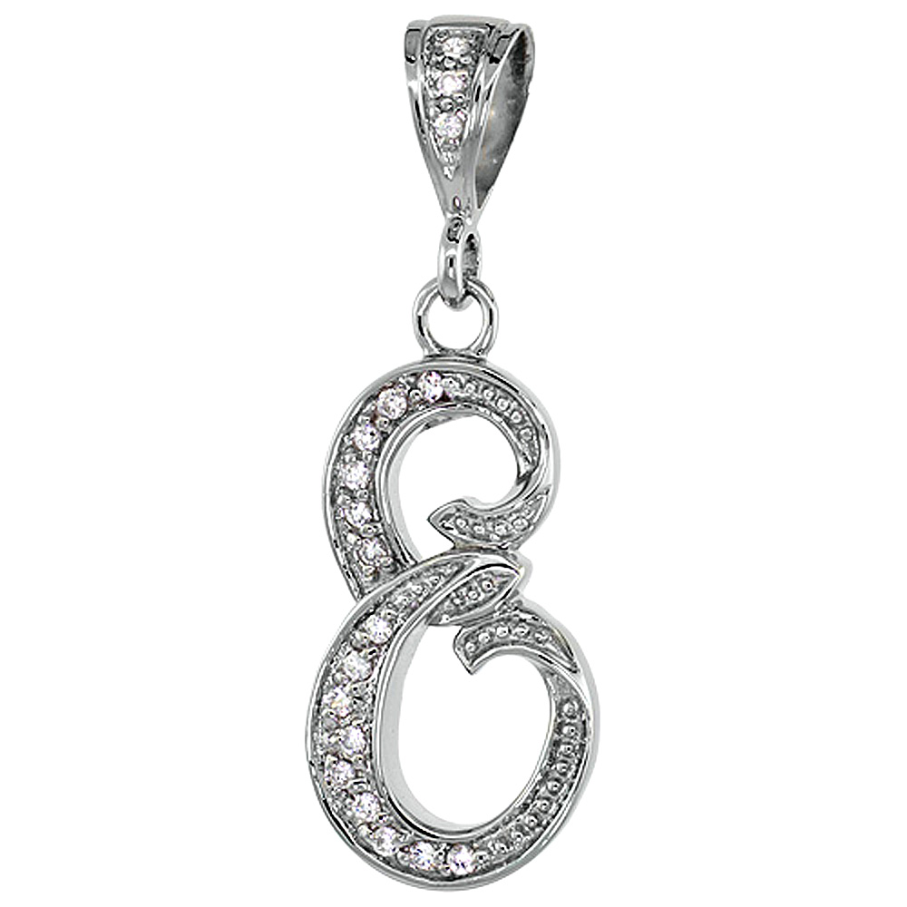Sterling Silver Large Script Initial Letter E Pendant w/ Cubic Zirconia Stones 1 1/2 inch high