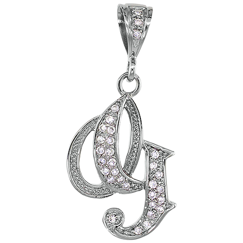 Sterling Silver Large Script Initial Letter G Pendant w/ Cubic Zirconia Stones 1 1/2 inch high