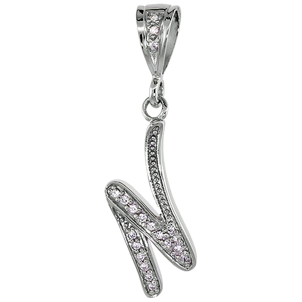 Sterling Silver Large Script Initial Letter N Pendant w/ Cubic Zirconia Stones 1 1/2 inch high