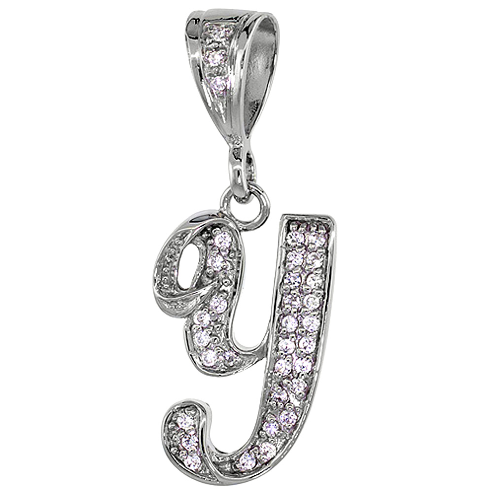 Sterling Silver Large Script Initial Letter Y Pendant w/ Cubic Zirconia Stones 1 1/2 inch high