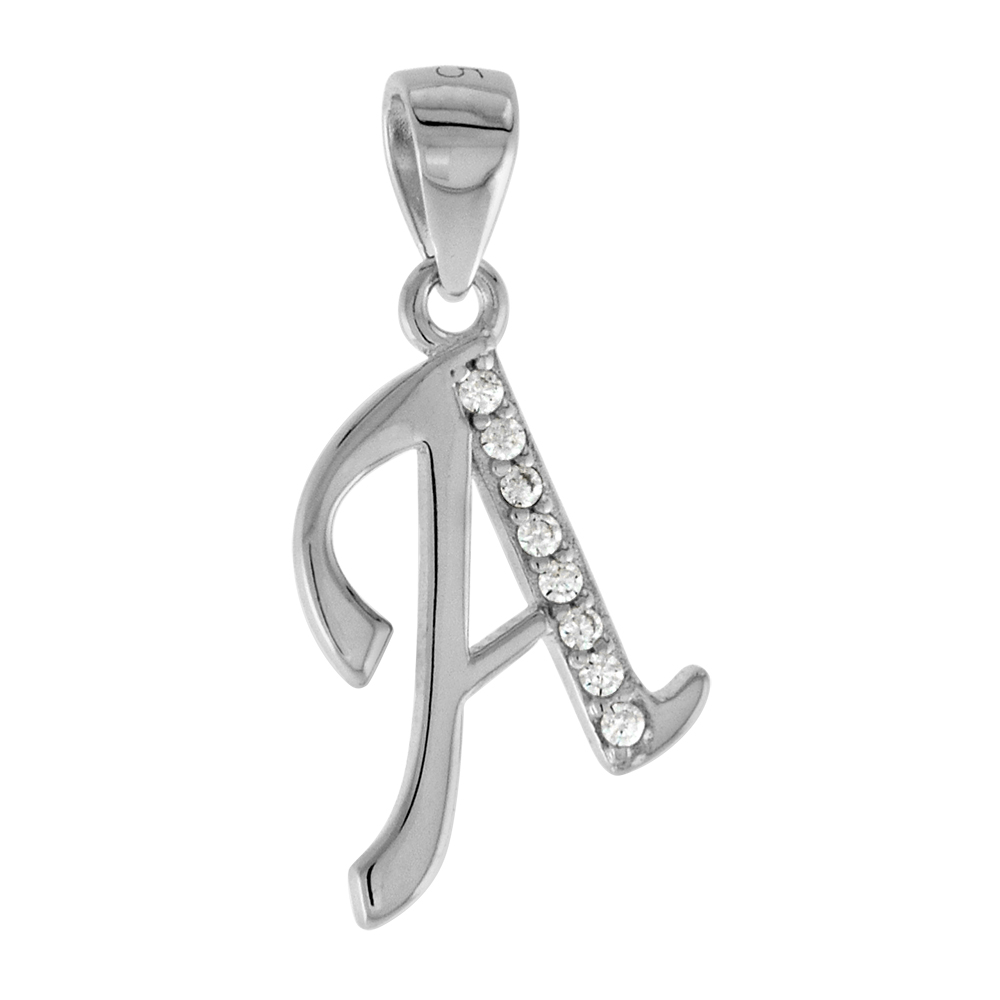 VERY SMALL STERLING SILVER CZ STYLIZED BLOCK INITIAL A PENDANT FOR WOMEN HIGH RHODIUM FINISH 3/8 INCH