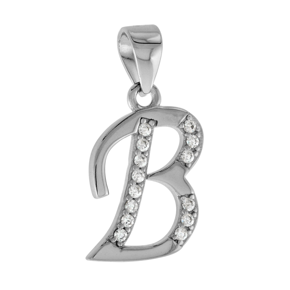 Very Small Sterling Silver CZ Stylized Block Initial B Pendant for Women High Rhodium Finish 3/8 inch