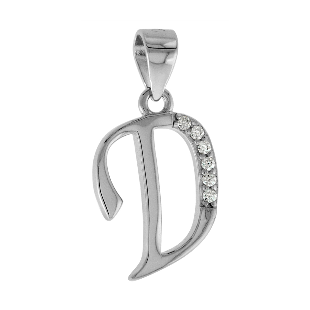 VERY SMALL STERLING SILVER CZ STYLIZED BLOCK INITIAL D PENDANT FOR WOMEN HIGH RHODIUM FINISH 3/8 INCH