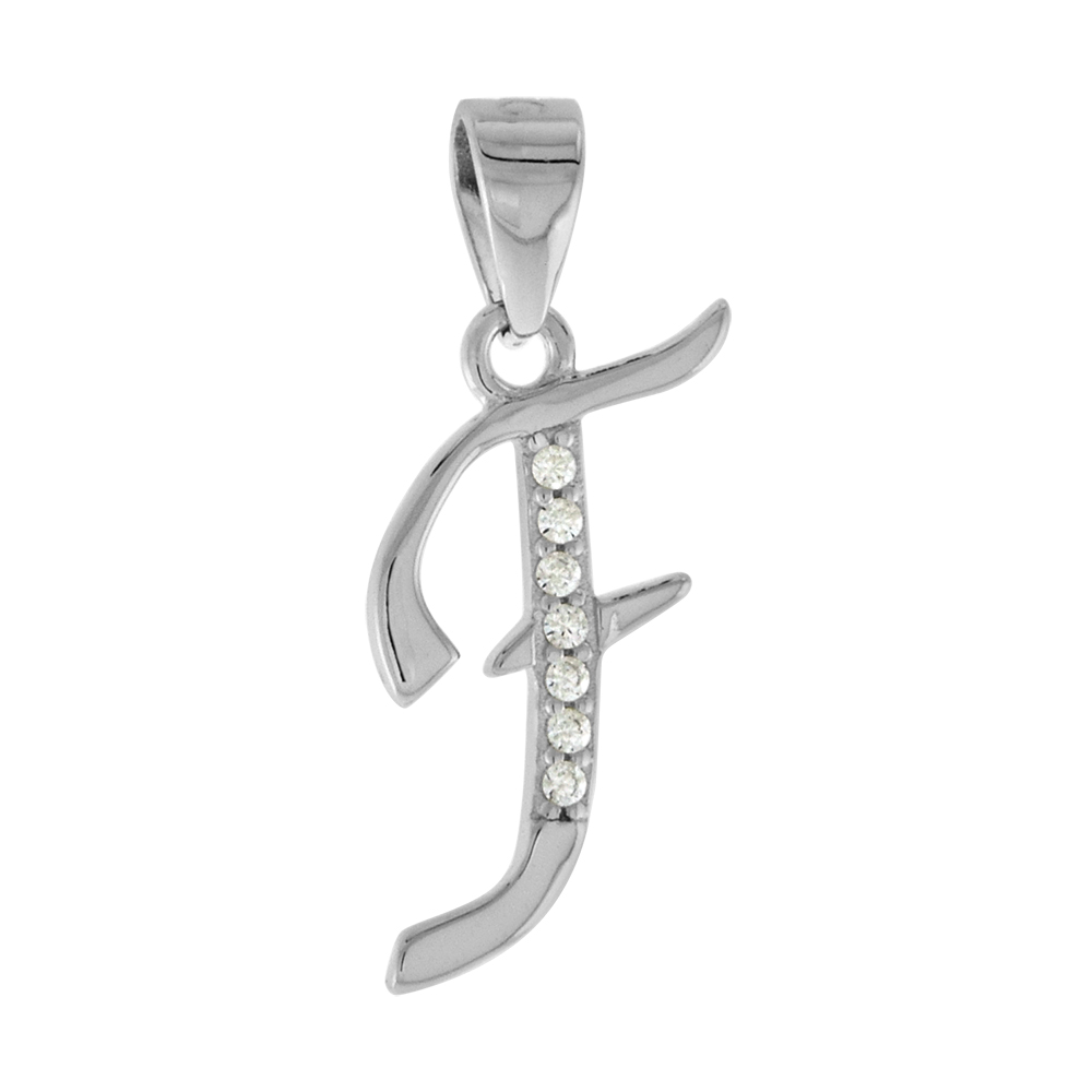 VERY SMALL STERLING SILVER CZ STYLIZED BLOCK INITIAL F PENDANT FOR WOMEN HIGH RHODIUM FINISH 3/8 INCH