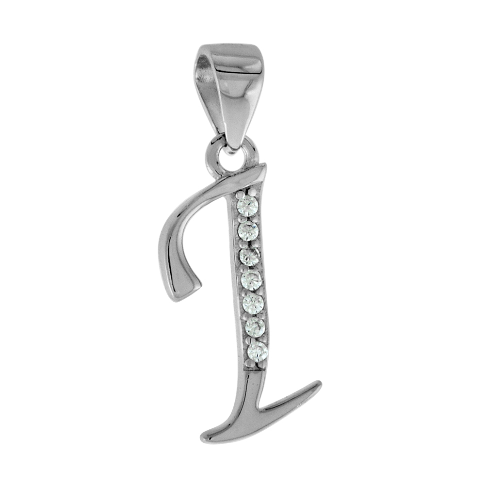 VERY SMALL STERLING SILVER CZ STYLIZED BLOCK INITIAL I PENDANT FOR WOMEN HIGH RHODIUM FINISH 3/8 INCH