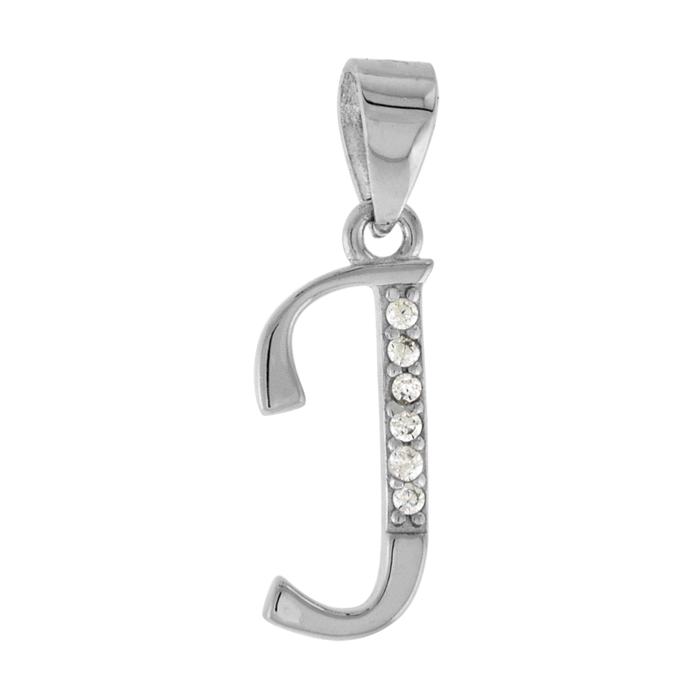 VERY SMALL STERLING SILVER CZ STYLIZED BLOCK INITIAL J PENDANT FOR WOMEN HIGH RHODIUM FINISH 3/8 INCH