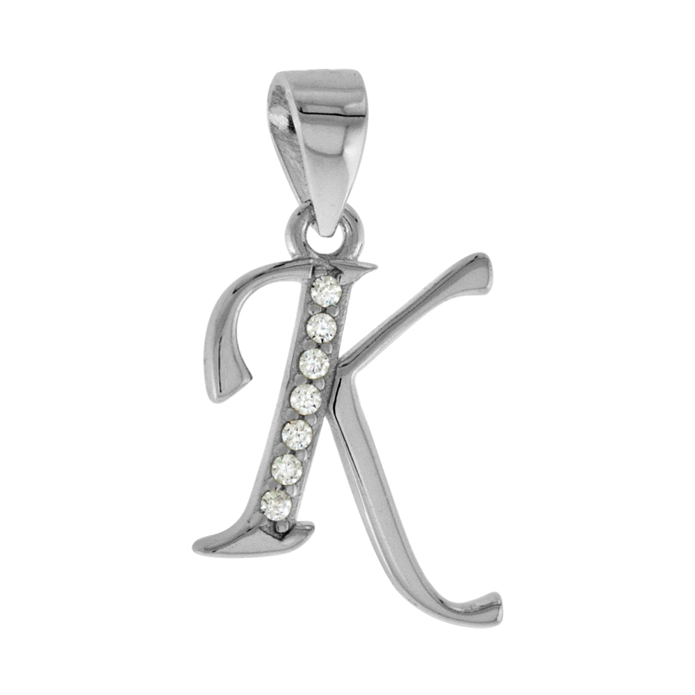 VERY SMALL STERLING SILVER CZ STYLIZED BLOCK INITIAL K PENDANT FOR WOMEN HIGH RHODIUM FINISH 3/8 INCH