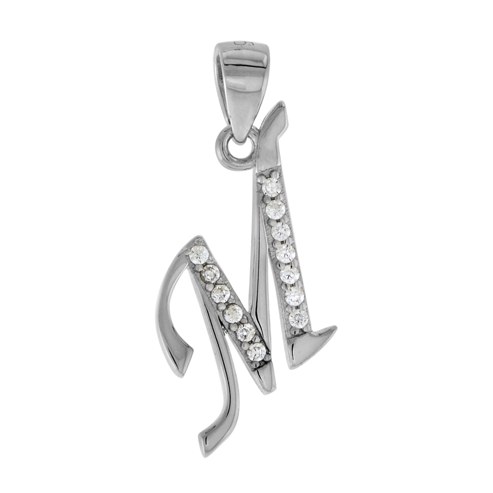 VERY SMALL STERLING SILVER CZ STYLIZED BLOCK INITIAL M PENDANT FOR WOMEN HIGH RHODIUM FINISH 3/8 INCH