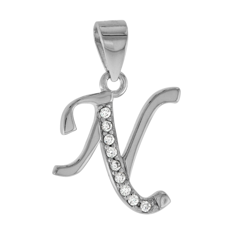 Very Small Sterling Silver CZ Stylized Block Initial N Pendant for Women High Rhodium Finish 3/8 inch