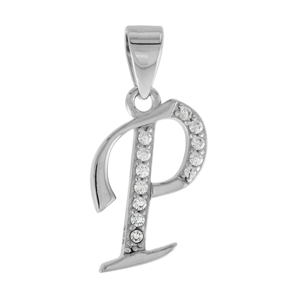 VERY SMALL STERLING SILVER CZ STYLIZED BLOCK INITIAL P PENDANT FOR WOMEN HIGH RHODIUM FINISH 3/8 INCH