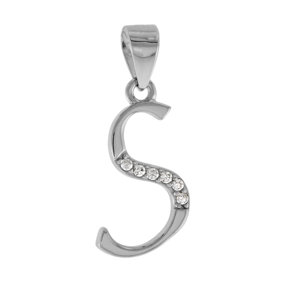 VERY SMALL STERLING SILVER CZ STYLIZED BLOCK INITIAL S PENDANT FOR WOMEN HIGH RHODIUM FINISH 3/8 INCH