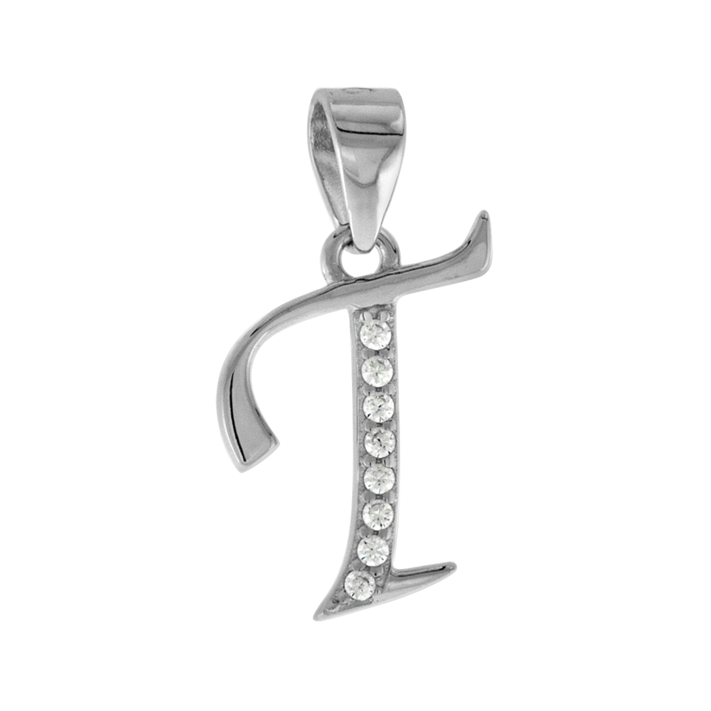 VERY SMALL STERLING SILVER CZ STYLIZED BLOCK INITIAL T PENDANT FOR WOMEN HIGH RHODIUM FINISH 3/8 INCH