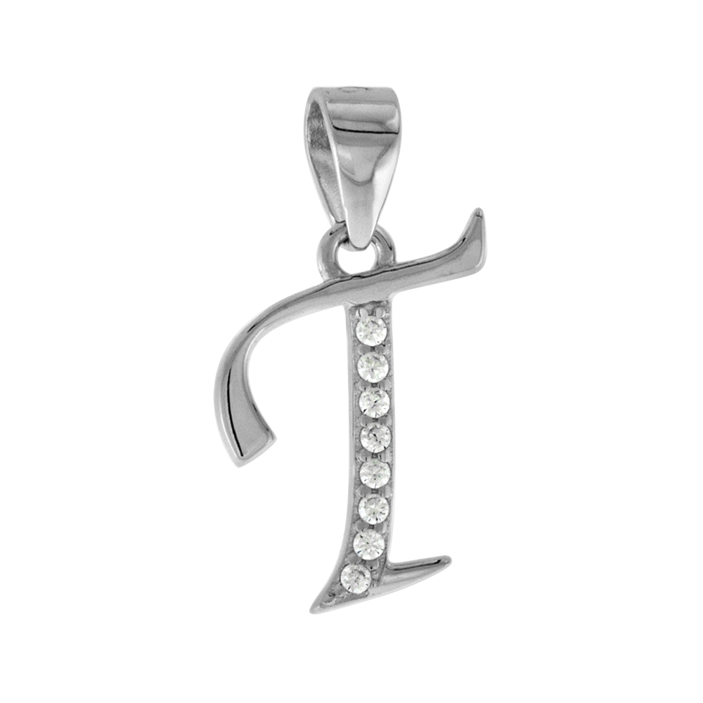 Very Small Sterling Silver CZ Stylized Block Initial T Pendant for Women High Rhodium Finish 3/8 inch