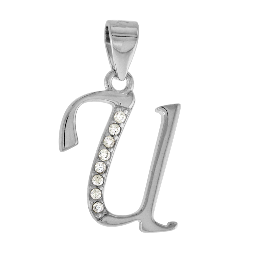 Very Small Sterling Silver CZ Stylized Block Initial U Pendant for Women High Rhodium Finish 3/8 inch