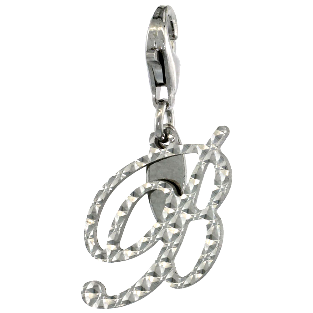 STERLING SILVER ALPHABET PENDANT SCRIPT INITIAL B CHARM WITH LOBSTER CLASP DIAMOND CUT WOMEN ITALY 3/4 INCH