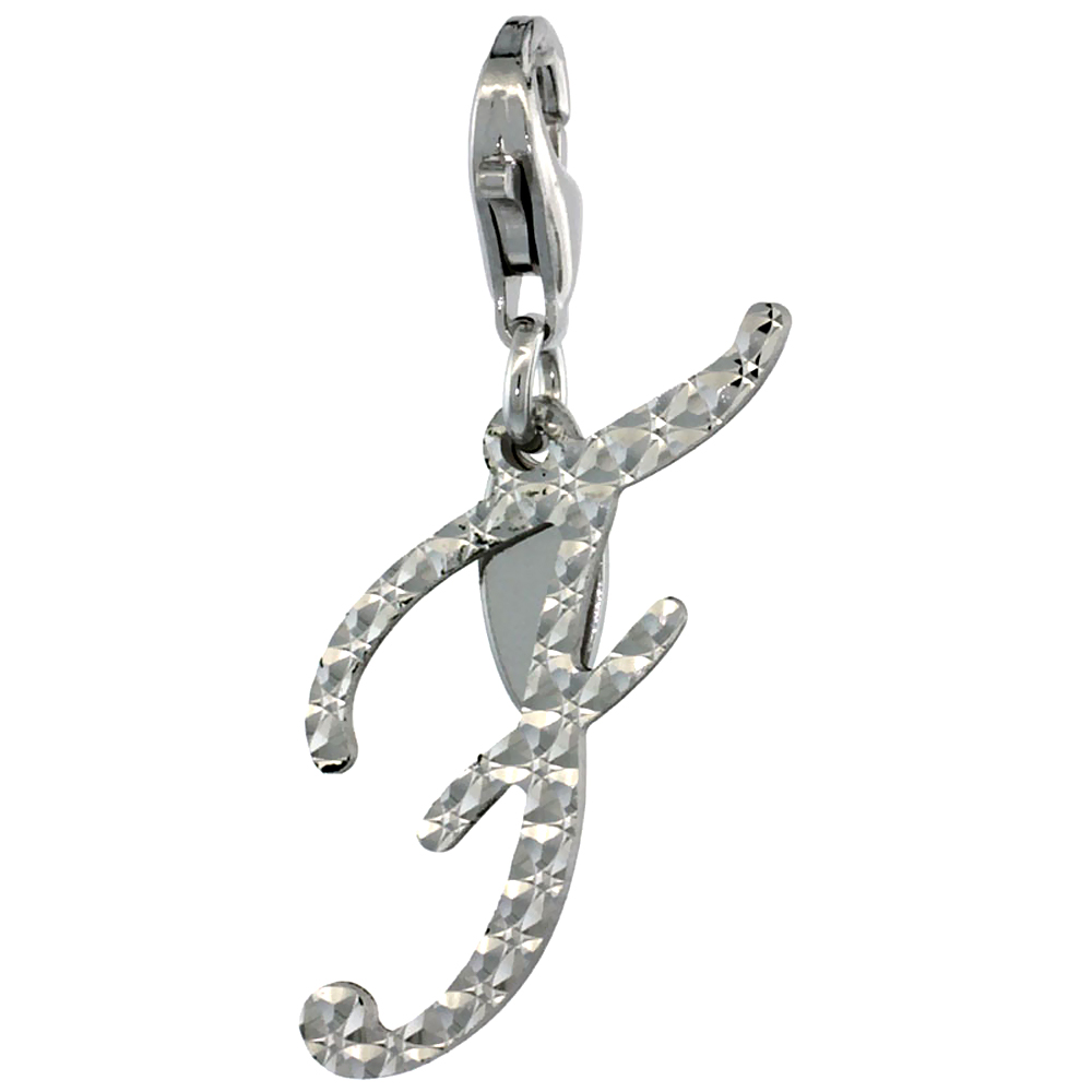 STERLING SILVER ALPHABET PENDANT SCRIPT INITIAL F CHARM WITH LOBSTER CLASP DIAMOND CUT WOMEN ITALY 3/4 INCH