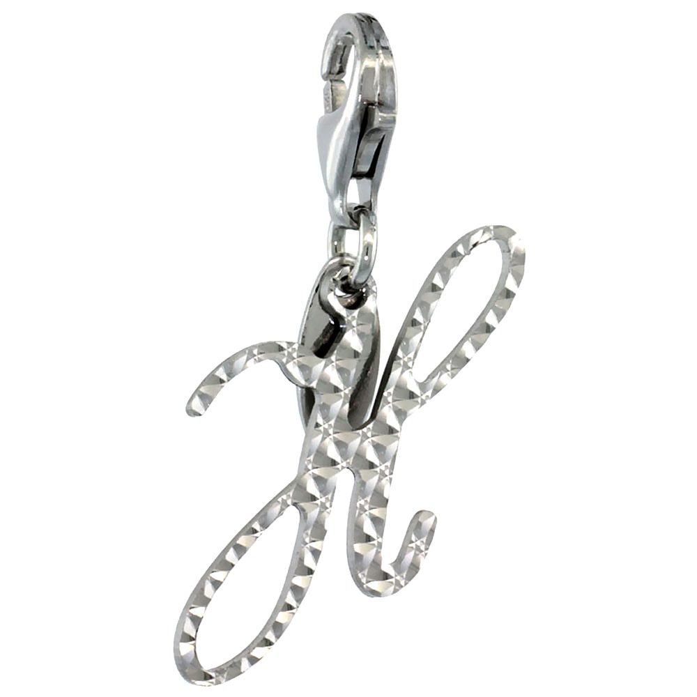 STERLING SILVER ALPHABET PENDANT SCRIPT INITIAL H CHARM WITH LOBSTER CLASP DIAMOND CUT WOMEN ITALY 3/4 INCH