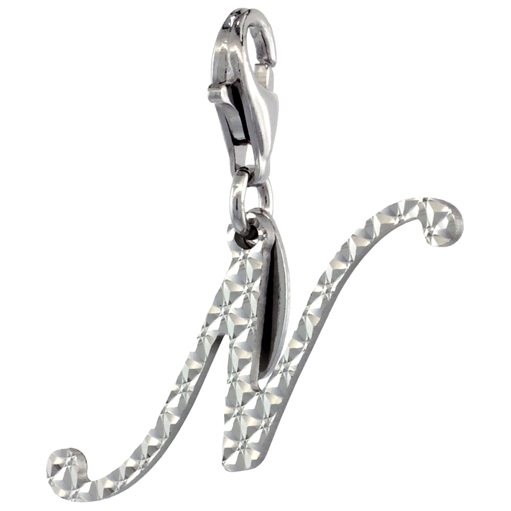 STERLING SILVER ALPHABET PENDANT SCRIPT INITIAL N CHARM WITH LOBSTER CLASP DIAMOND CUT WOMEN ITALY 3/4 INCH
