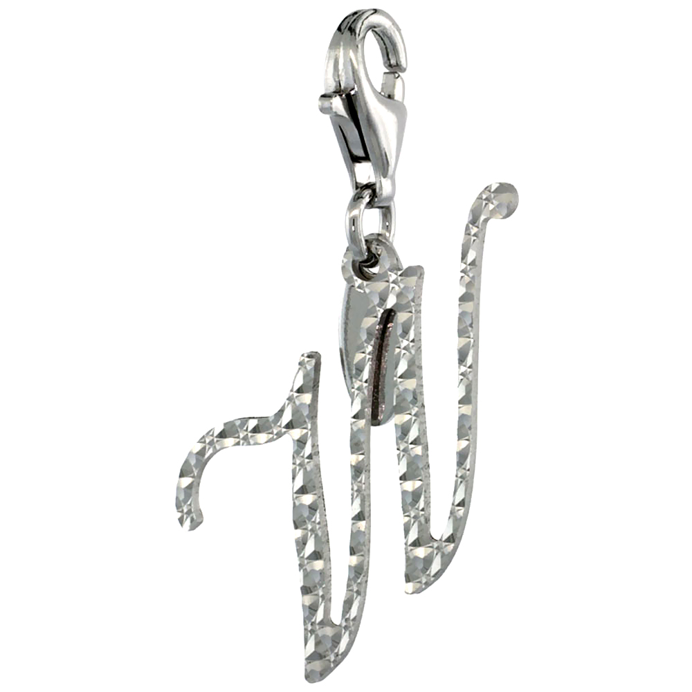 STERLING SILVER ALPHABET PENDANT SCRIPT INITIAL W CHARM WITH LOBSTER CLASP DIAMOND CUT WOMEN ITALY 3/4 INCH