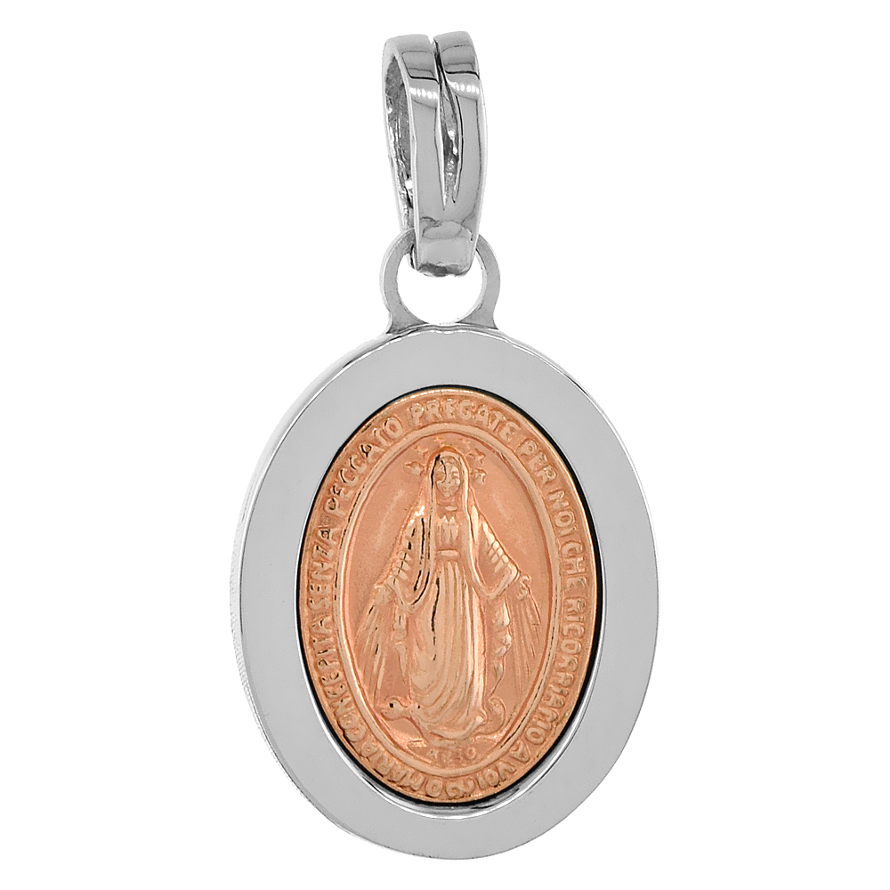 Sterling Silver Virgin Mary Miraculous Pendant Rose Gold Finish Italy, 7/8 inches long