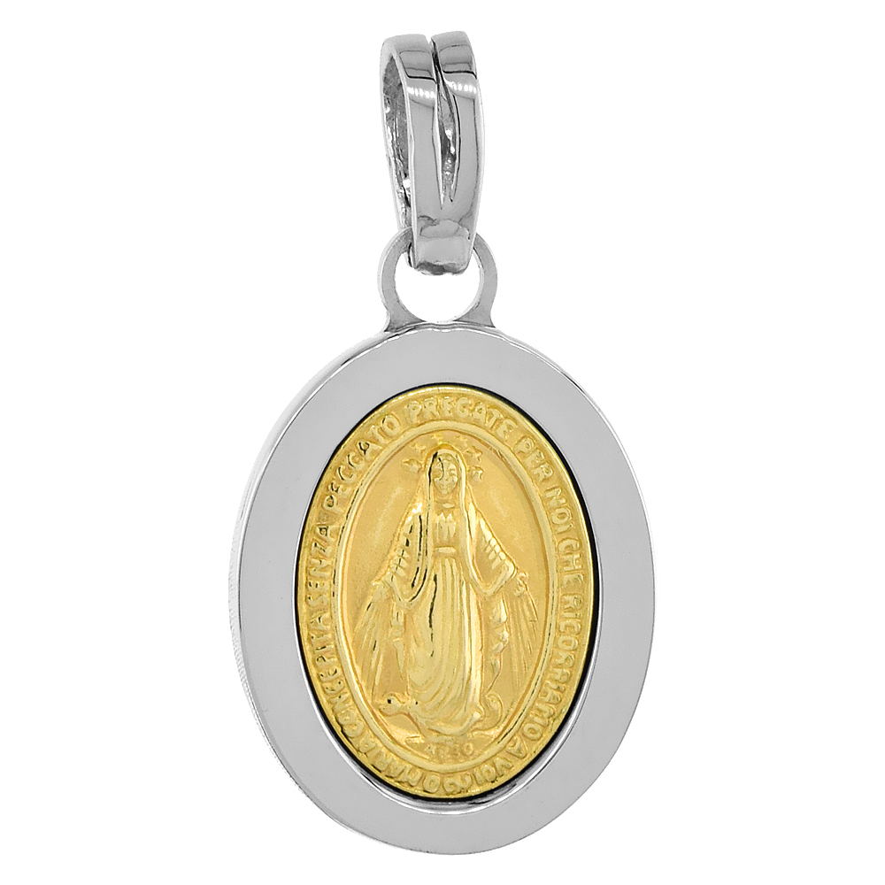Sterling Silver Virgin Mary Miraculous Pendant Yellow Gold Finish Italy, 7/8 inches long