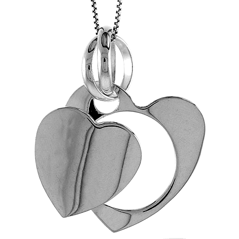STERLING SILVER LARGE DOUBLE HEART PENDANT HOLLOW ITALY 1 3/16 INCH (30 MM) TALL