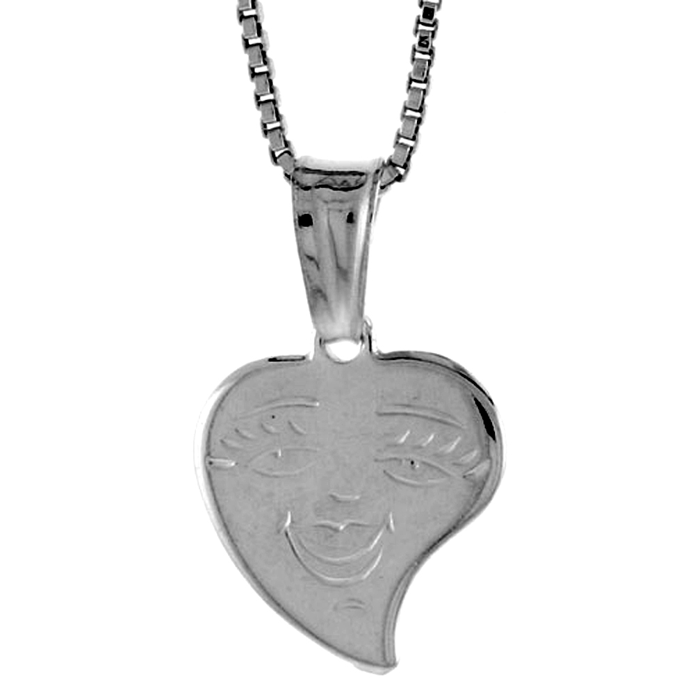 STERLING SILVER SMALL HEART WITH FACE PENDANT HOLLOW ITALY 1/2 INCH (13 MM) TALL