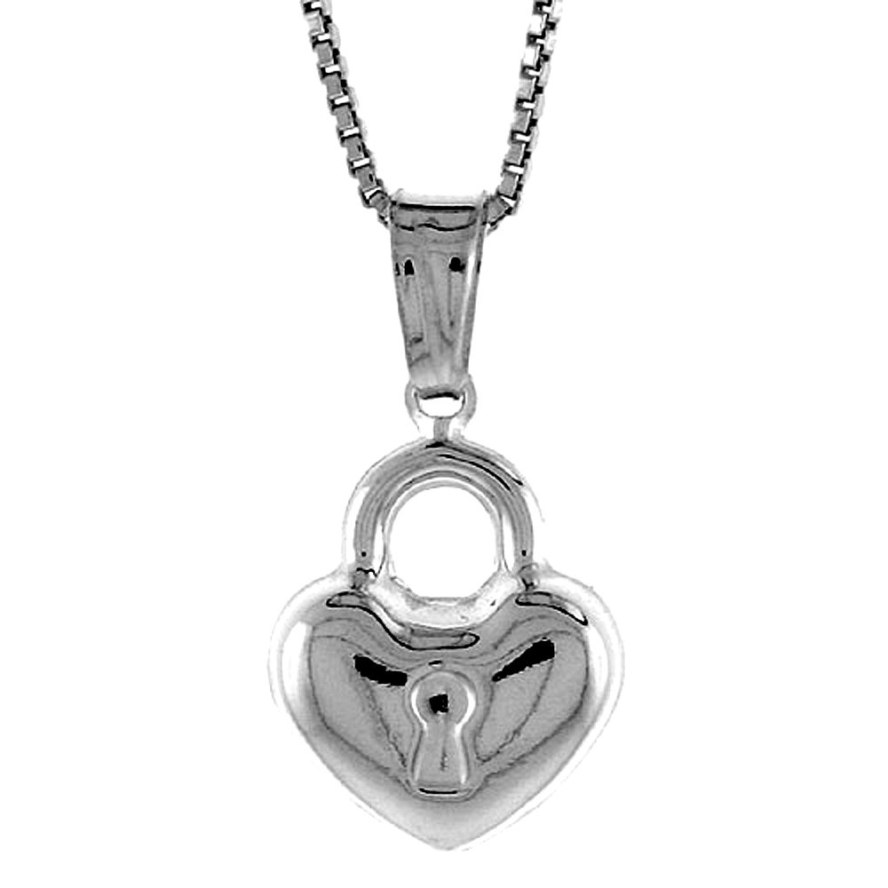 STERLING SILVER SMALL HEART WITH LOCK PENDANT HOLLOW ITALY 9/16 INCH (14 MM) TALL