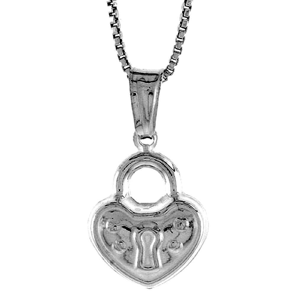 STERLING SILVER SMALL HEART WITH LOCK PENDANT HOLLOW ITALY 1/2 INCH (13 MM) TALL