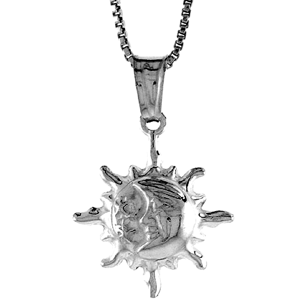 STERLING SILVER SMALL SUN AND MOON PENDANT HOLLOW ITALY 5/8 INCH (17 MM) TALL