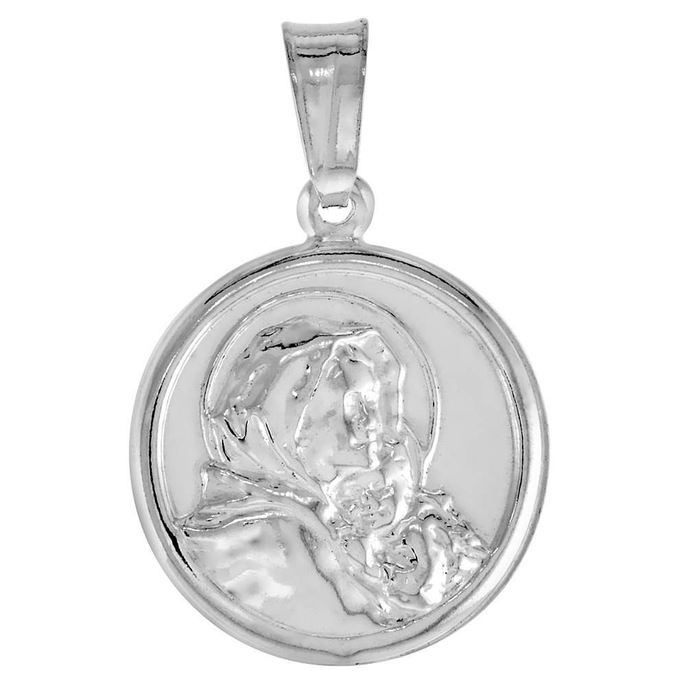 STERLING SILVER MARY AND JESUS MEDAL HOLLOW ITALY 1/2 INCH (12 MM) IN DIAMETER.