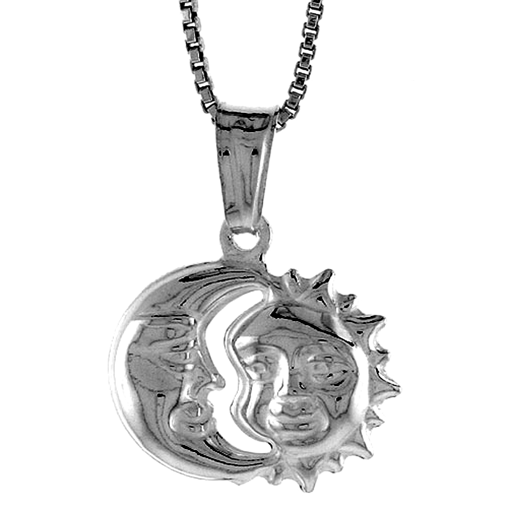 STERLING SILVER SMALL SUN AND MOON PENDANT HOLLOW ITALY 1/2 INCH (12 MM) TALL
