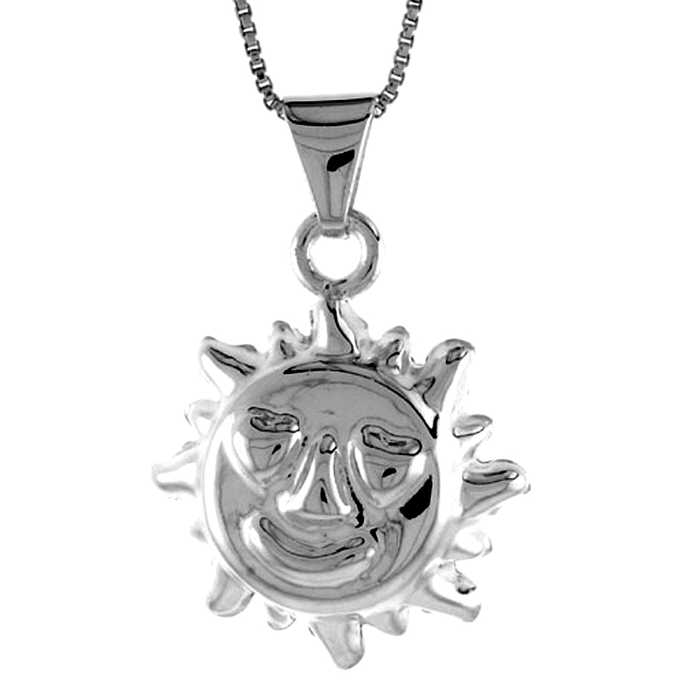 STERLING SILVER LARGE SUN PENDANT HOLLOW ITALY 15/16 INCH (24 MM) TALL