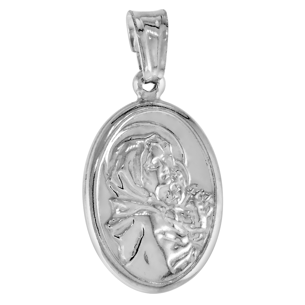 STERLING SILVER MARY AND JESUS MEDAL HOLLOW ITALY 11/16 INCH (18 MM) TALL NO CHAIN (NO CHAIN)