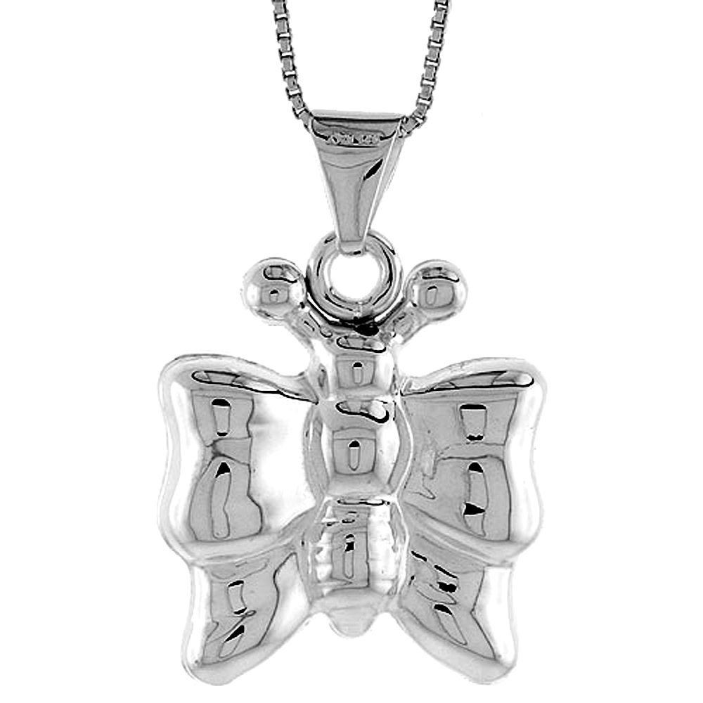 STERLING SILVER LARGE BUTTERFLY PENDANT HOLLOW ITALY 1 INCH (25 MM) TALL