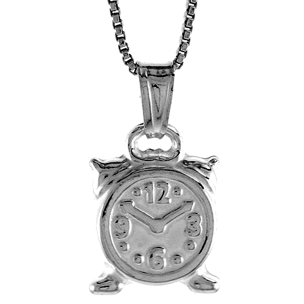 STERLING SILVER SMALL ALARM CLOCK PENDANT HOLLOW ITALY 9/16 INCH (14 MM) TALL