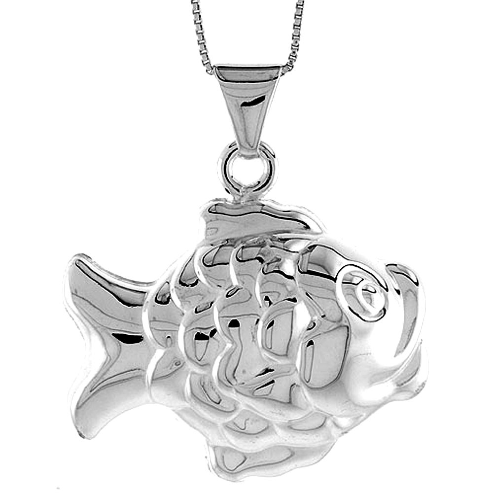 STERLING SILVER LARGE FISH PENDANT HOLLOW ITALY 1 3/16 INCH (30 MM) TALL