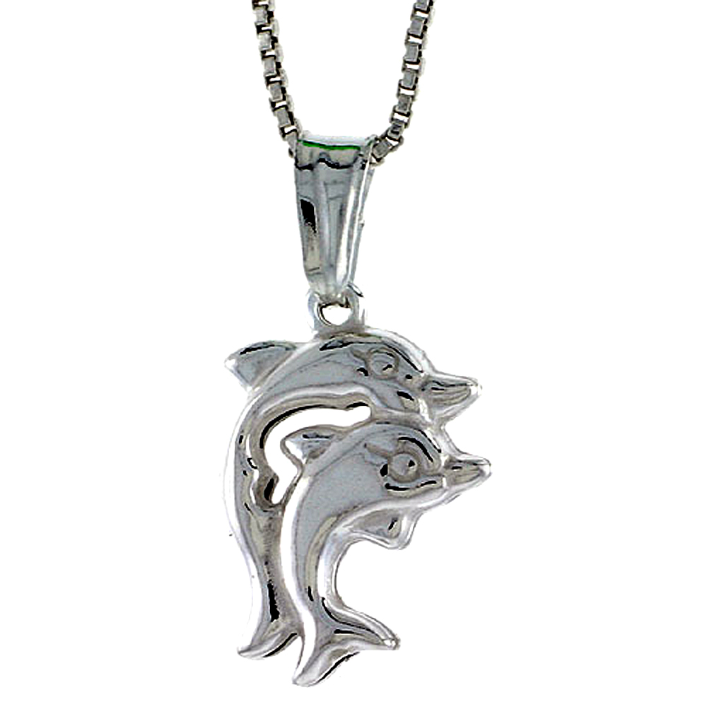 STERLING SILVER SMALL DOUBLE DOLPHIN PENDANT HOLLOW ITALY 11/16 INCH (17 MM) TALL