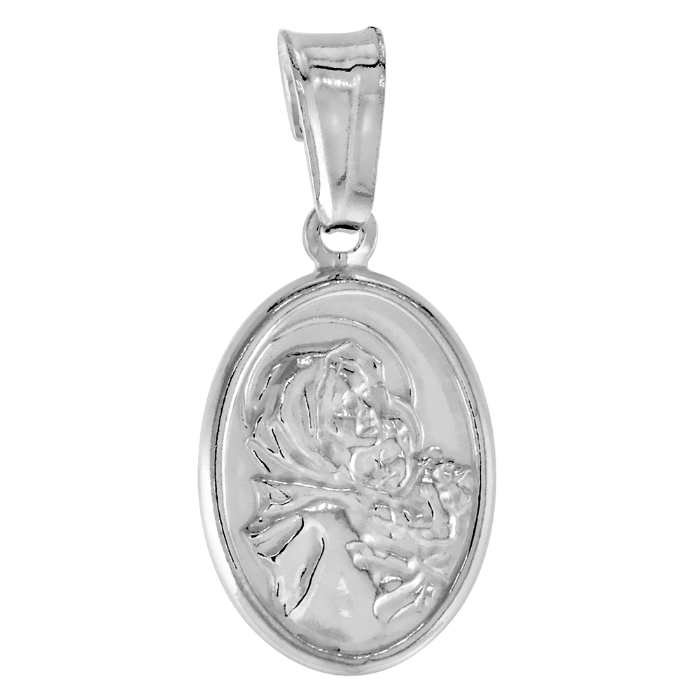STERLING SILVER MARY AND JESUS MEDAL HOLLOW ITALY 9/16 INCH (14 MM) TALL NO CHAIN (NO CHAIN)