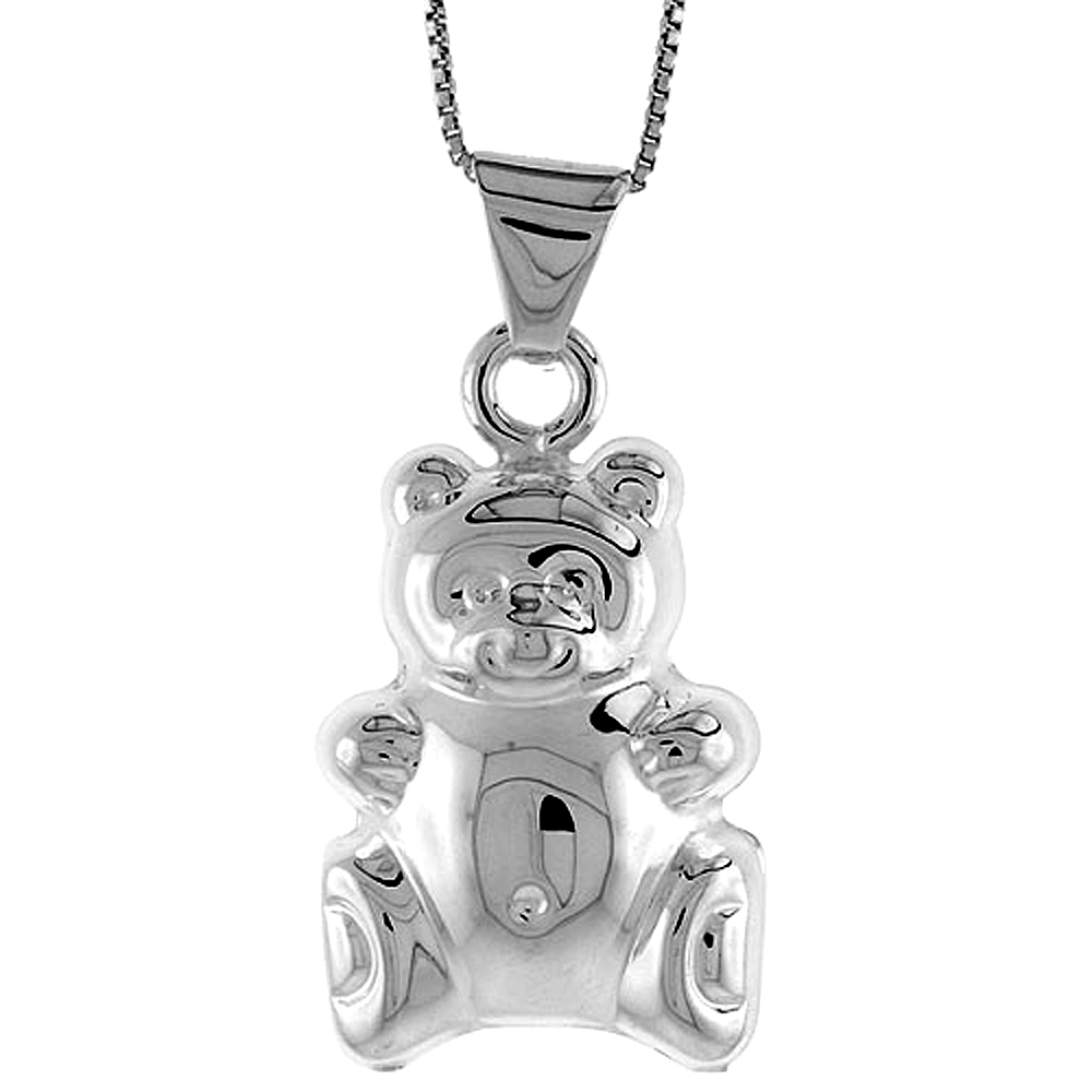 STERLING SILVER LARGE TEDDY BEAR PENDANT HOLLOW ITALY 1 3/16 INCH (30 MM) TALL