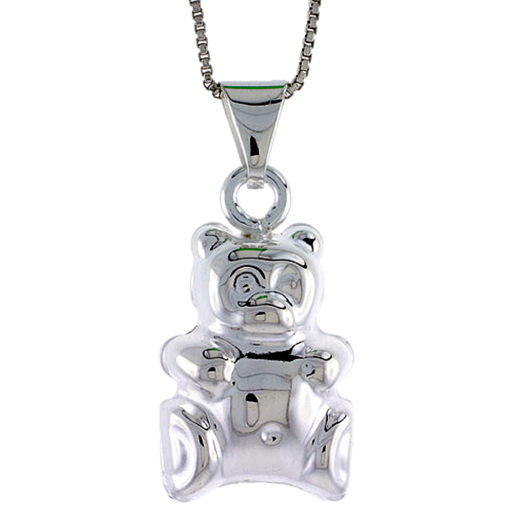 STERLING SILVER LARGE TEDDY BEAR PENDANT HOLLOW ITALY 13/16 INCH (21 MM) TALL