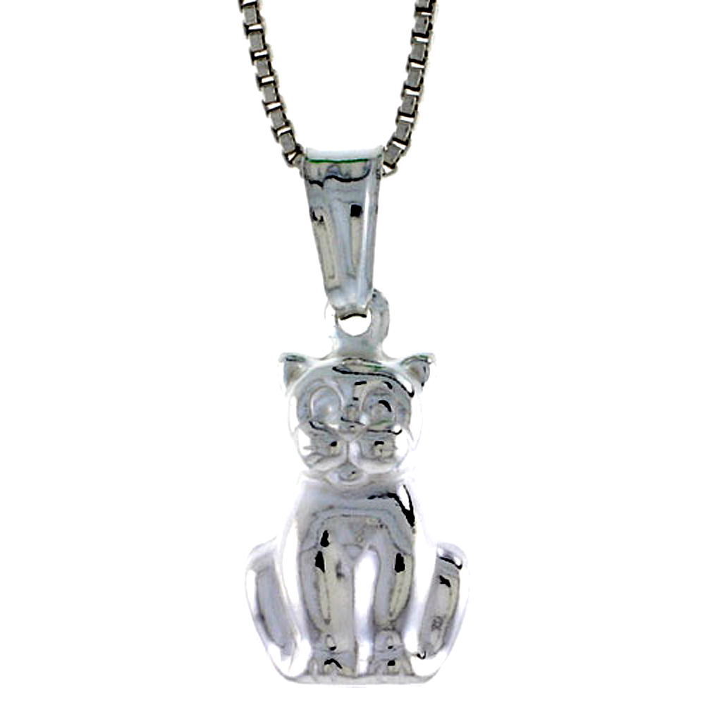 STERLING SILVER SMALL CAT PENDANT HOLLOW ITALY 9/16 INCH (15 MM) TALL