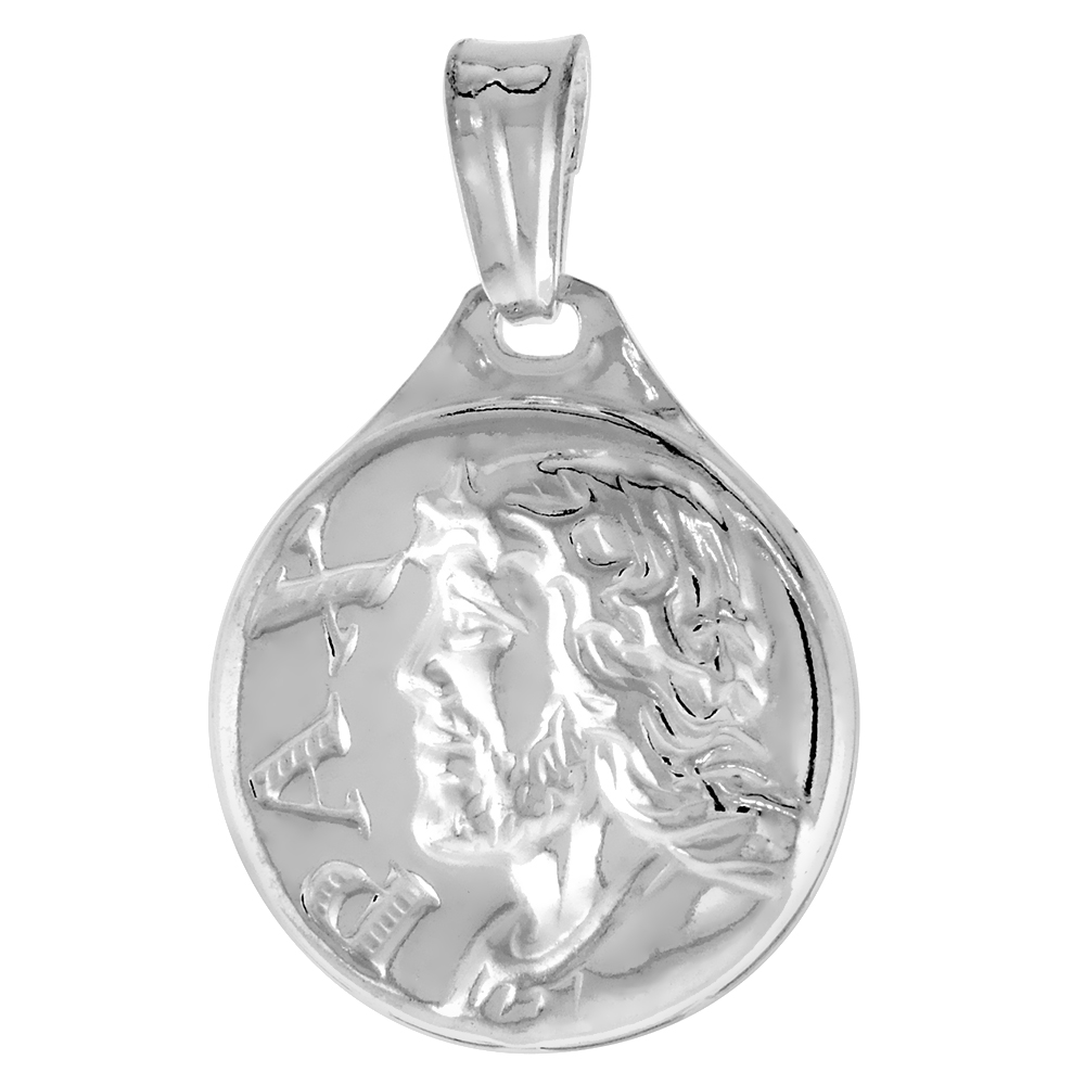 STERLING SILVER JESUS MEDAL HOLLOW ITALY 13/16 INCH (20 MM) IN DIAMETER.