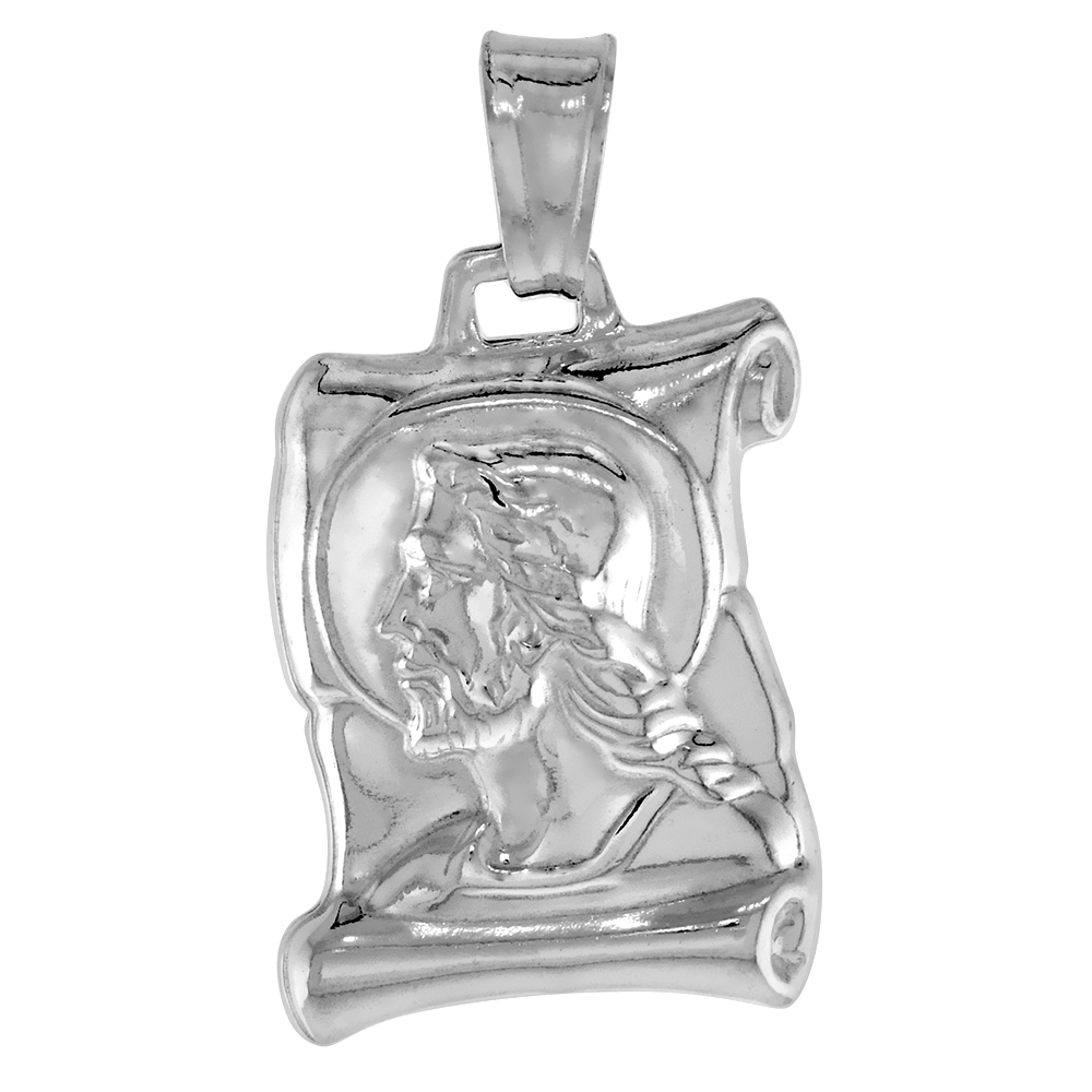 STERLING SILVER JESUS SCROLL PENDANT HOLLOW ITALY 3/4 INCH (19 MM) TALL NO CHAIN